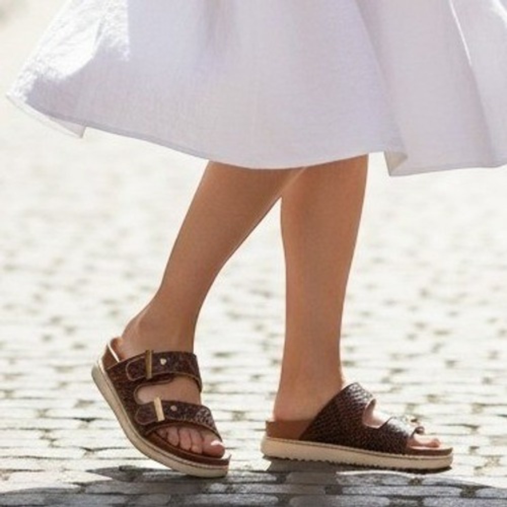 Cole Haan Marisol Adjustable Slide Sandals Womens 7.5 Brown New Snakeskin Emboss